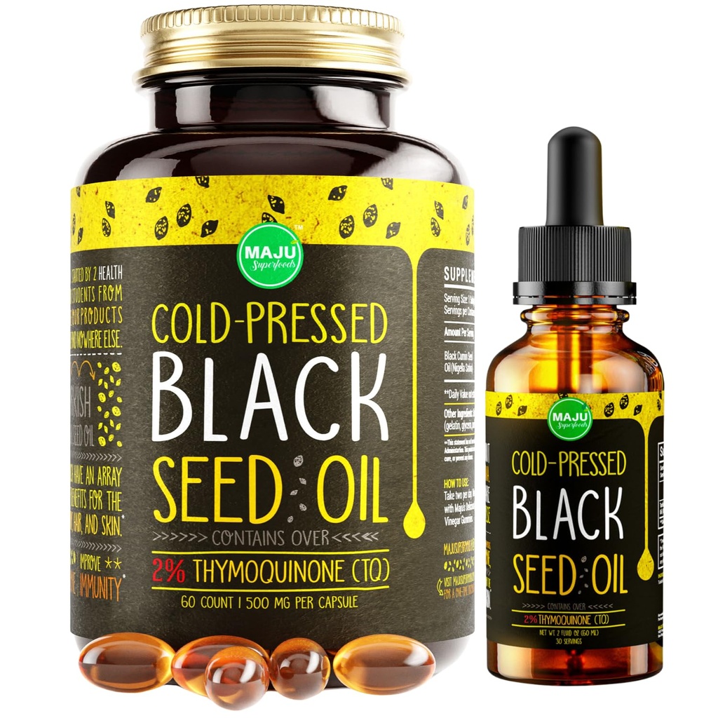 Maju Superfoods Black Seed Oil 2 oz et Black Seed Oil Capsules