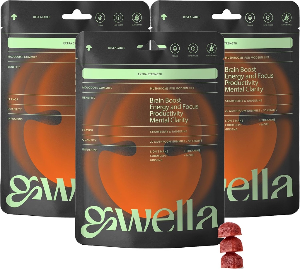 Gwella Focus Gummies with Lion’s Mane, Panax Ginseng, Ginger Root, Cordyceps, SAM-e, and Nootropics, Energy and Focus Supplement, Vegan, Strawberry Tangerine (20 Count - Pack of 3)