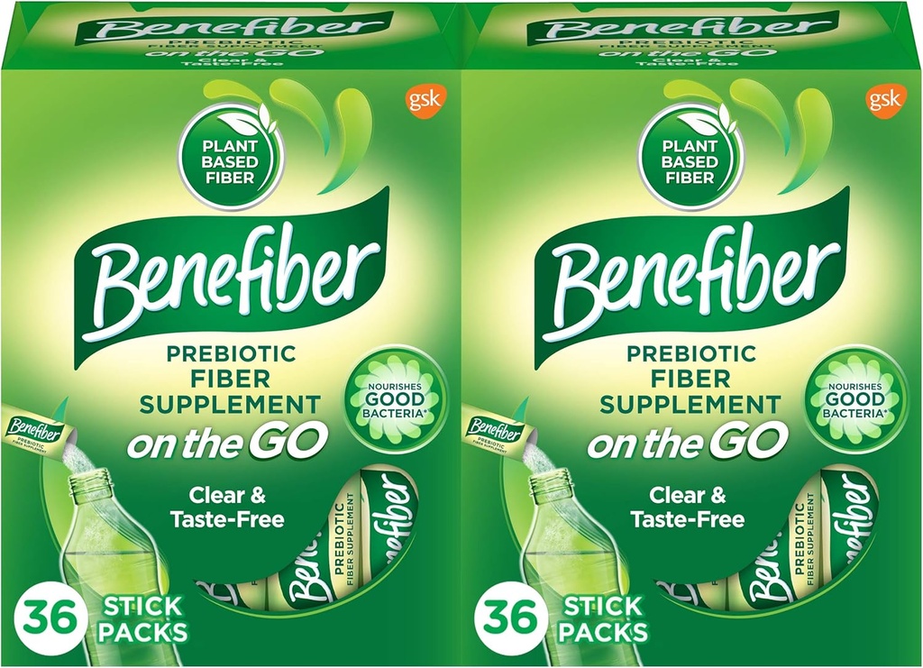 Benefiber On The Go Prebiotic Fiber Supplement Powder for Digestive Health, Daily Powder, Unflavored Stick Packs - 36 Sticks (Pack von 2)
