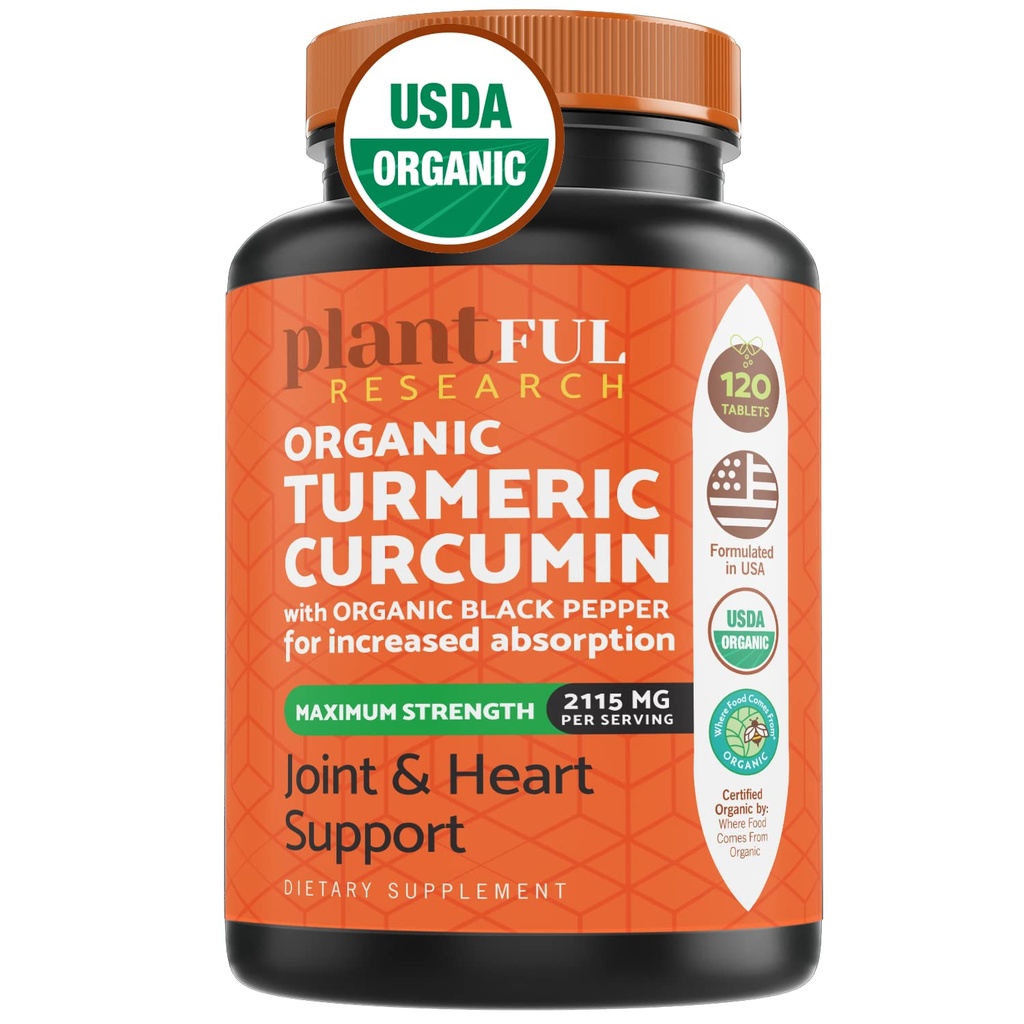 Organische Kurkuma-Ergänzung mit schwarzem Pfeffer Höchste Potenz USDA Zertifiziert [Non-GMO Organic Curcumin 2115mg] Antioxidans Joint & Immune Support 120 Tabletten