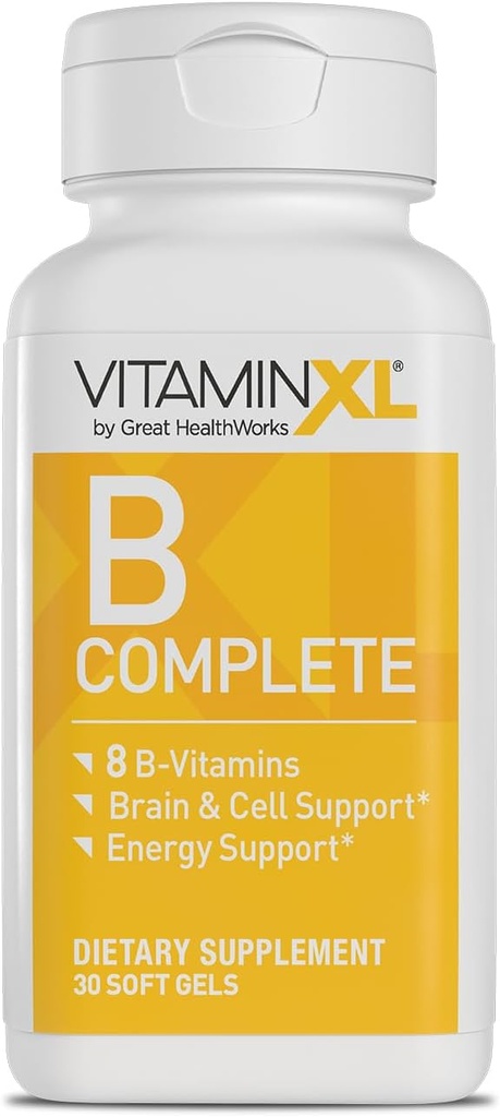 VitaminXL B Complete ist ein Full Spectrum B Complex mit B1, B5, B6, B12, Biotin, Niacin, Riboflavin und Folate, auch mit Choline und Inositol (30 Weichgel, 30 Servierungen)
