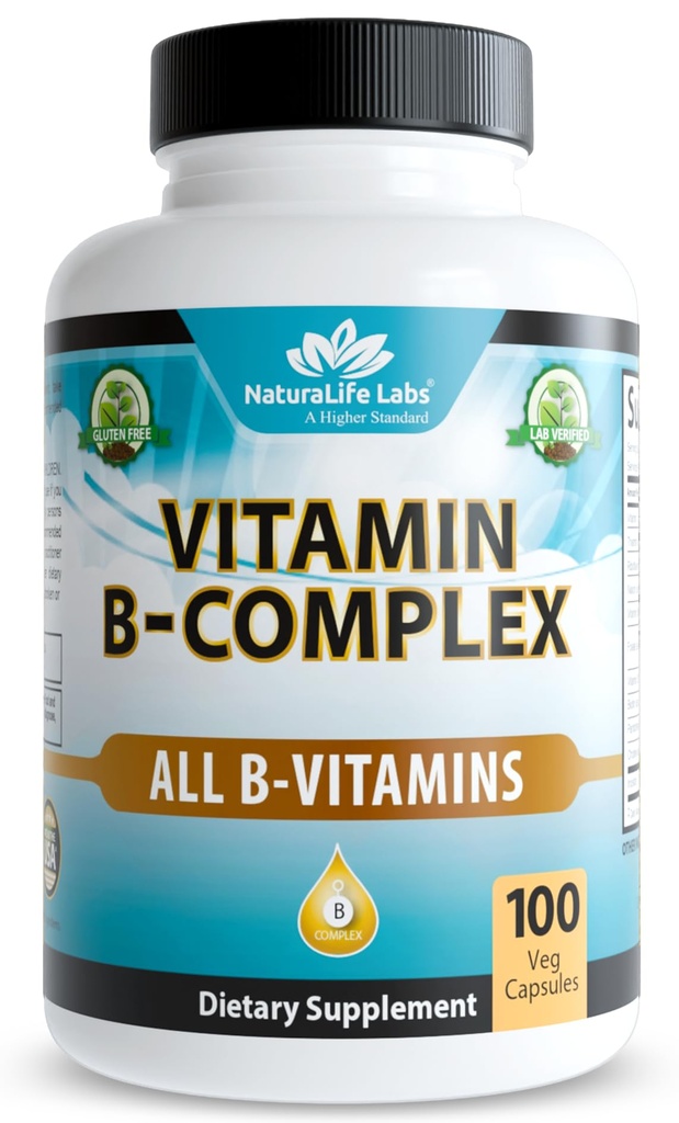 NaturaLife Labs Vitamin B-Komplex mit Vitamin C & Folsäure – Inklusive B1, B2, B3, B5, B6, B7, B9 & B12 – 100 Kapseln, Vegan, Non-GMO, Glutenfrei
