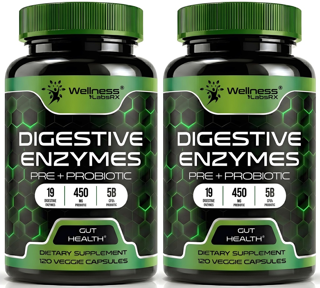 Enzymes digestives avec probiotiques et prébiotiques, 450mg, 5 milliards d'UCF - Capsules de Super Digestion Pure - Enzymes digestives pour les femmes et les hommes supportent la digestion et la santé gustative - 120 Nombre (paquet de 2)