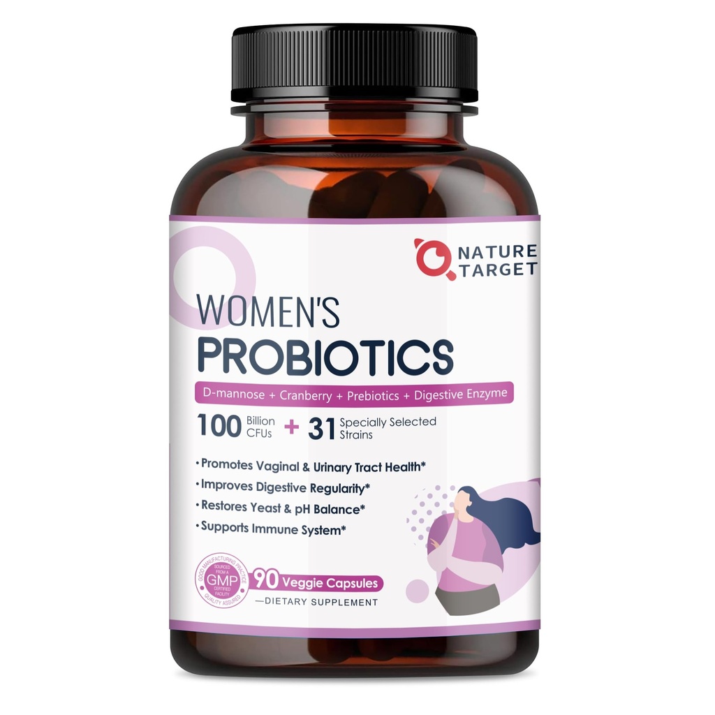NATURE TARGET Probiotika für Frauen, 100 Milliarden CFUs Probiotika mit Verdauungsenzymen & Präbiotika, Vaginal Probiotika mit Cranberry für Harnweg Gesundheit, pH-Balance, 90 Veggie-Kapseln
