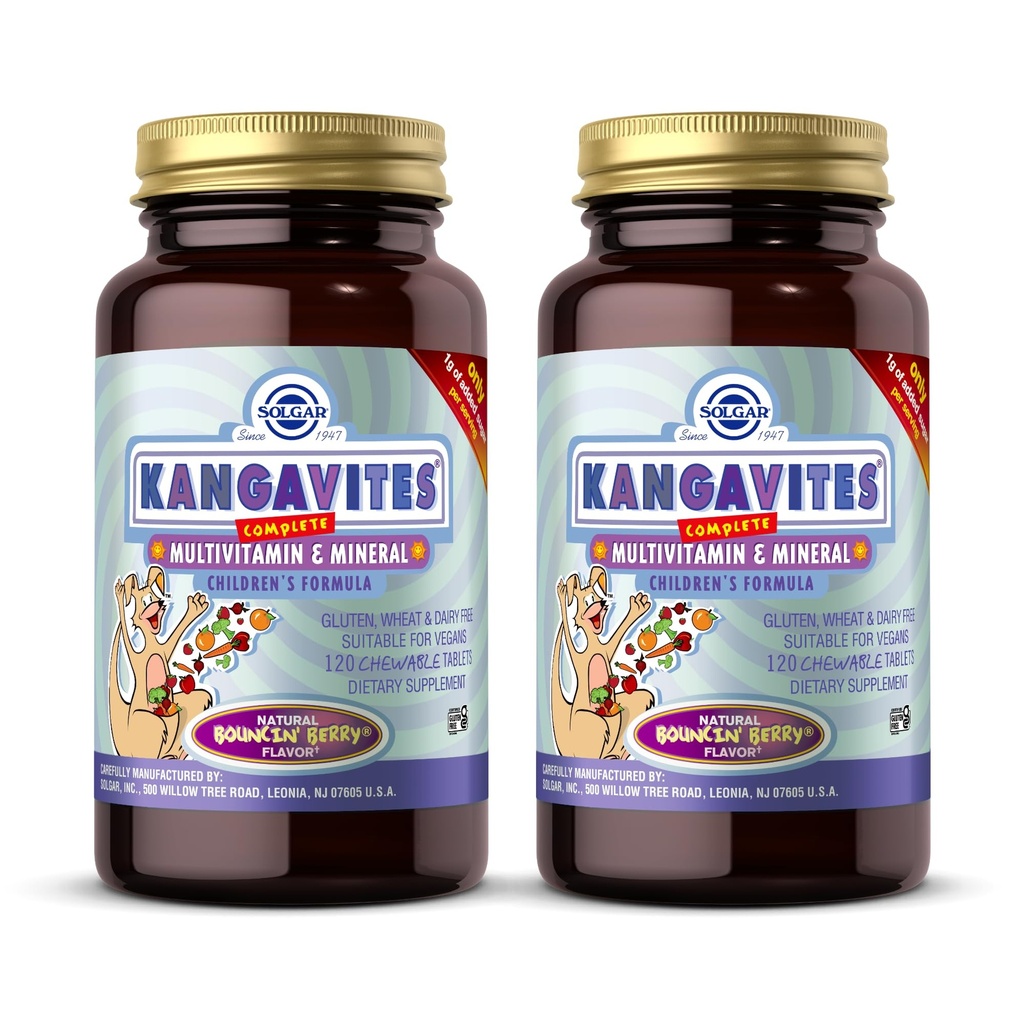 Solgar Kangavites, Bouncin’ Berry Flavor - 120 Chewable Tablets, Paket von 2 - Komplette Multivitamin & Mineral Formel für Kinder - Vegan, Glutenfrei
