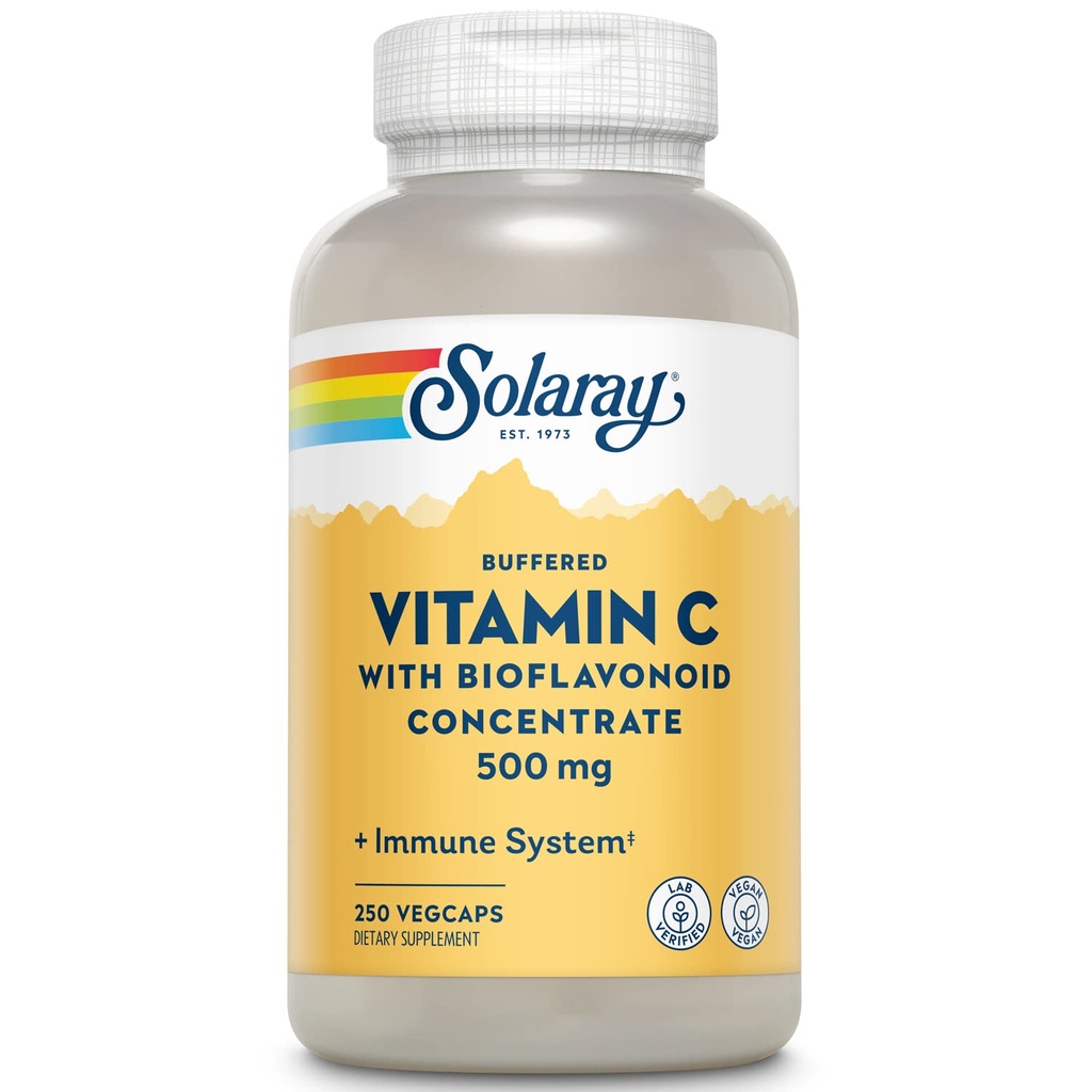 SOLARAY Gepuffertes Vitamin C 500mg - mit Bioflavonoiden, Rose HIPS und Acerola Cherry - Immununterstützungsergänzung - leicht zu digest, Vegan, Lab Verified, 60-Day Garantie - 250 Servietten, 250 VegCaps