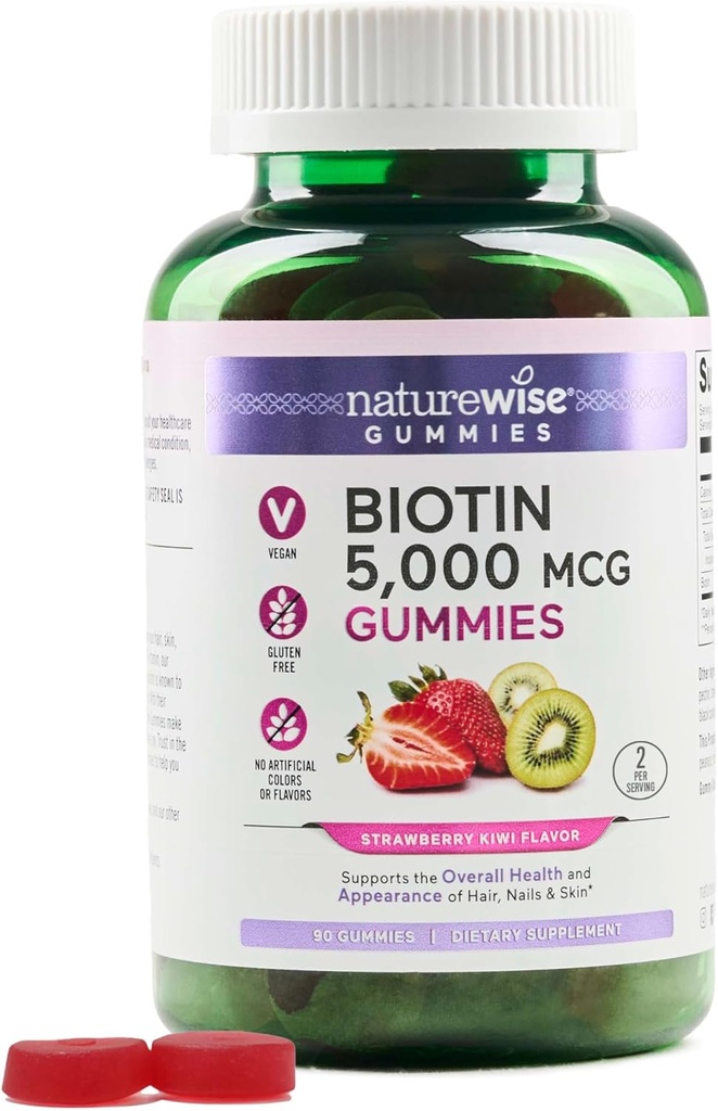 NatureWise Biotin Gummies - Unterstützt gesundes Haar, Haut und starke Nägel - Vitamin B7 5000mcg - Natürliche Schönheit - Erdbeer-Kiwi Flavor - Vegan, Non-GMO, Glutenfrei - 90 Count[45 Day Supply]