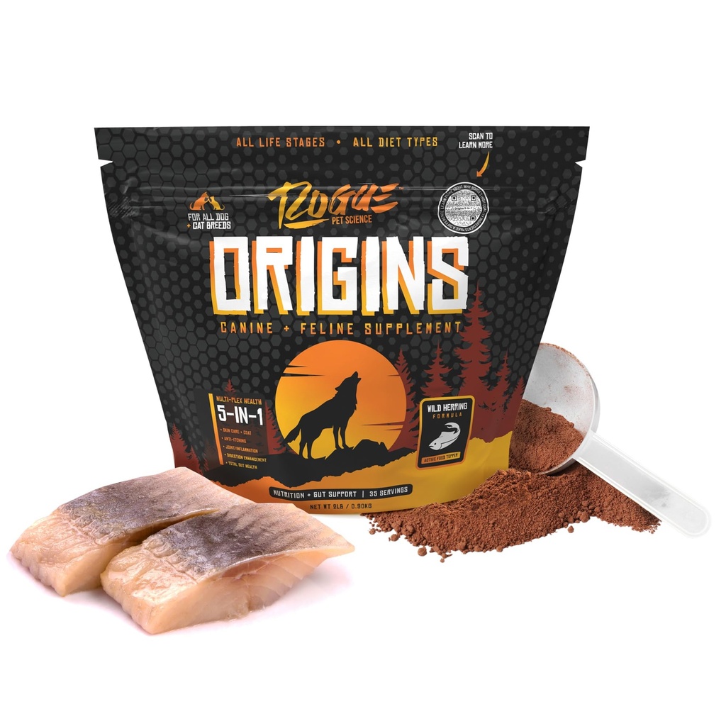 ROGUE PET SCIENCE Herkunft 5-in-1-Hund-Ergänzung - Pulverisierte Lebensmittel Topper w/Natural Omega 3 Fischöl - Unterstützt gesunde Verdauung, Haut und Mantel - Hilft, Juckreiz und Gelenkentzündung zu reduzieren (2 lbs)