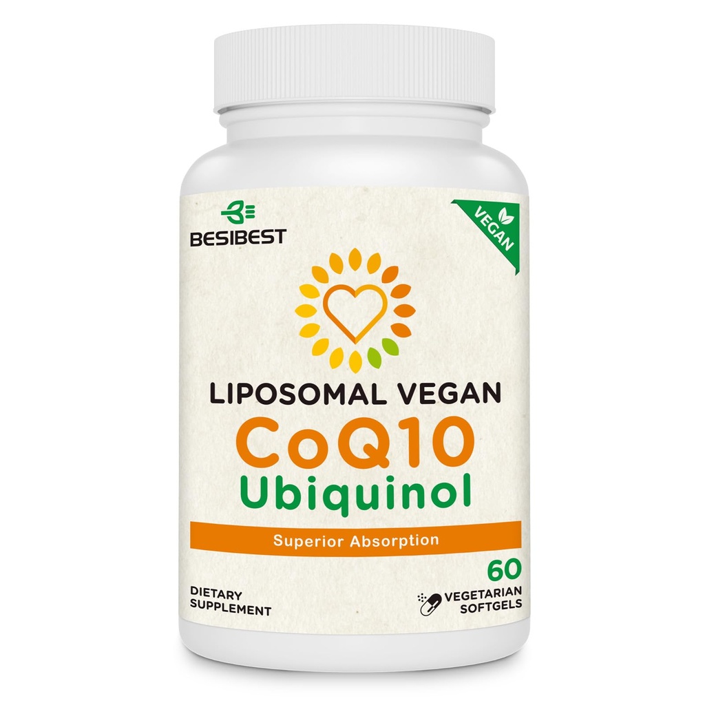 Besibest 1000mg Liposomal CoQ10 Ubiquinol, 60 softgels végétaliens, supplément Ubiquinol haute absorption CoQ10, forme antioxydante active de Coenzyme Q10 pour la fonction cardiaque et la production d'énergie