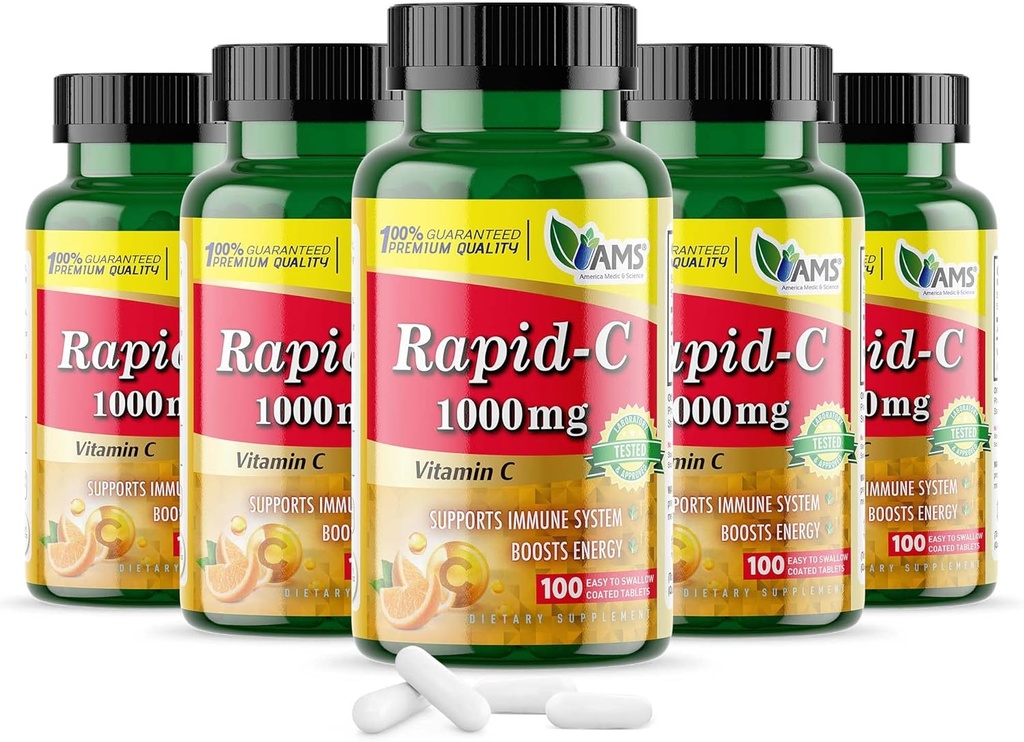 America Medic & Science Rapid-C Supplément de vitamine C de 1000mg (5 Pack de 100 comprimés) Booster d'énergie, support quotidien du système immunitaire, antioxydant.