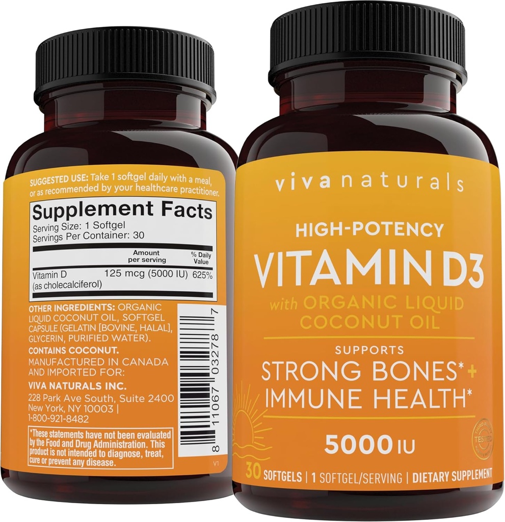 D3 Vitamin 5000 IU Softgels (125 mcg), 30 Softgels - Hohe Potenz Vitamin D Nahrungsergänzungsmittel für gesunde Immunfunktion, Knochen & Muskeln - Hergestellt mit Organischem flüssigem Kokosöl