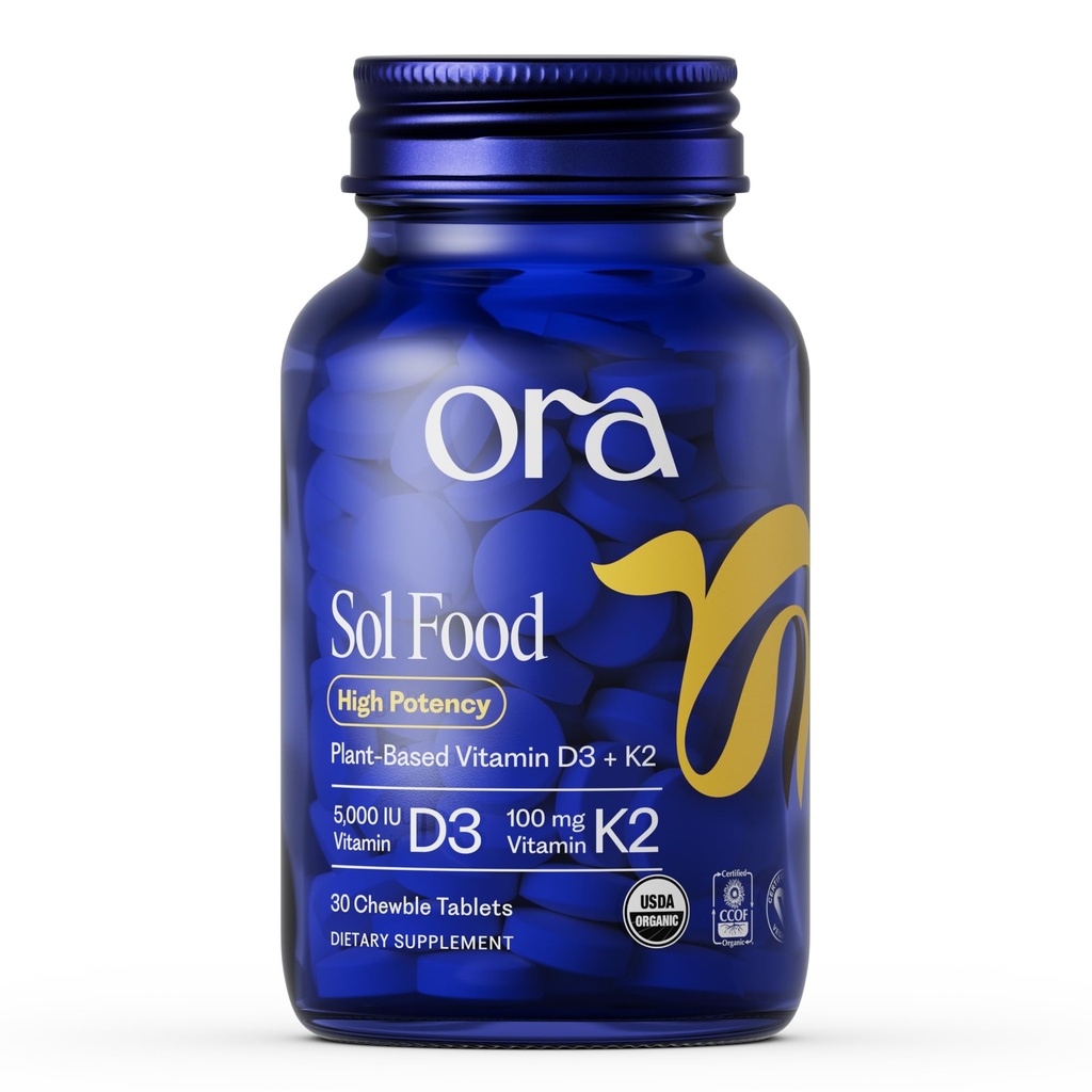 Ora Organic Vitamin D3 5000IU + K2 - Vegan Vitamin D von Lichen und K2 von Chickpeas für Knochengesundheit, Immununterstützung, & Mood, Maximale Absorption - 1 Monat Versorgung, 30 Kautabletten