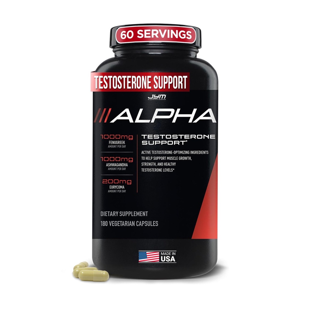 Alpha JYM Soutien à la testostérone : Vitalité masculine, Optimisation de l'hormone, Ashwagandha, Fenugreek, Eurycoma, Damiana, Quercetin, DIM.