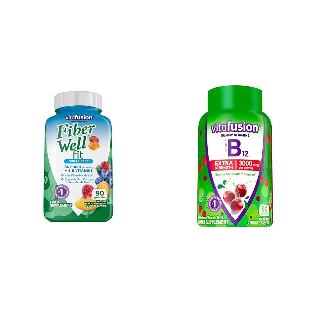 Vitafusion Fiber Well Fit Gummis Supplement, 90 Count (Packaging Mai Vary) & Extra Strength Vitamin B12 Gummy Vitamine für Energie Metabolismus Unterstützung