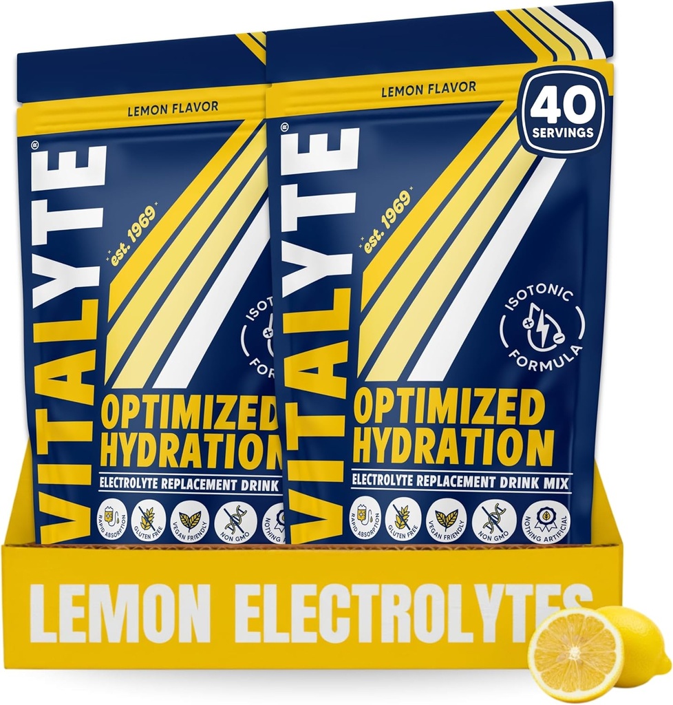 Mélange de poudre d'électrolyte de Vitalyte, mélange d'hydrolyte isotonique, mélange de poudre de post-entraînement sans gluten, boîte de 2, 35 oz. Chacun, Lemon Flavor