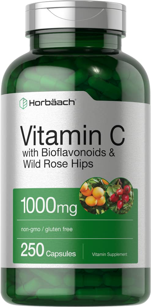 Horbäach Vitamin C 1000mg | 250 Kapseln | mit Bioflavonoiden und Hagebutten | Nicht-GVO, glutenfreie Ergänzung | Hochfeste Formel