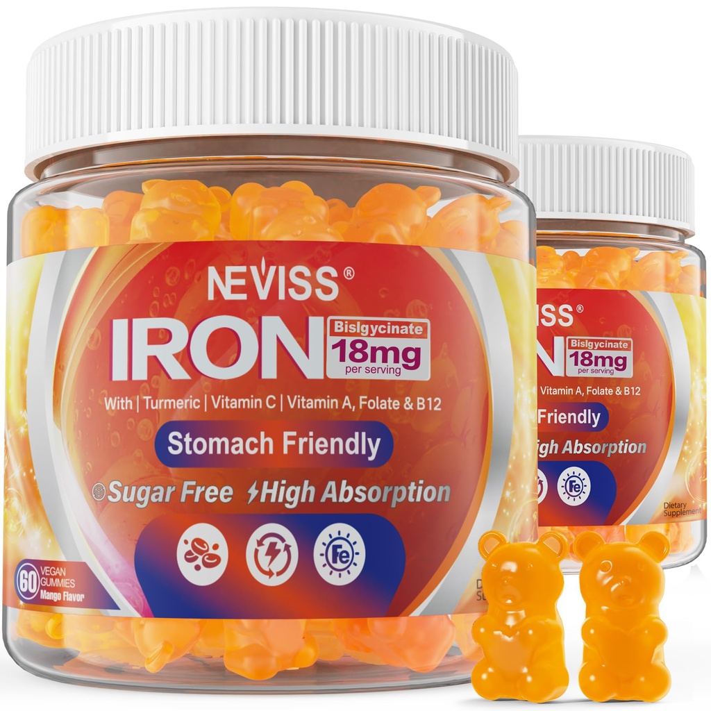 Vegane Eisen-Gummi-Ergänzung mit Vitamin C, B12, Folate & Turmeric - Energy & Immune Health | Gummy Iron Bisglycinate 18mg Gentle & Non-Constipating - Damen & Herren, 2 Pack