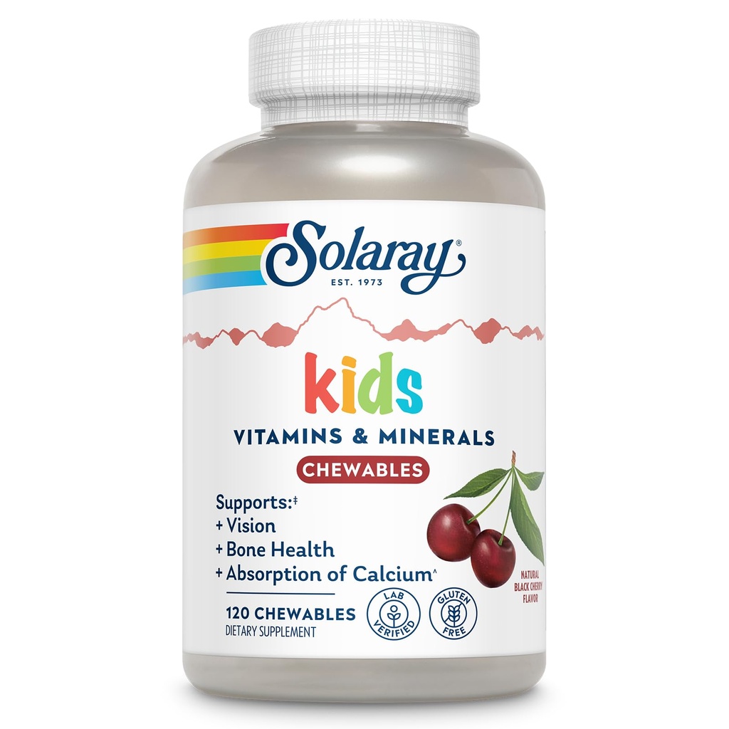 SOLARAY Kid's Vitamins & Minerals, Multivitamin for Kids - Bones, Vision, Heart Health Support w/Vitamin C, Vitamin D and B2, Iron - Gluten Free, 120 Black Cherry Chewables, 60 Servings