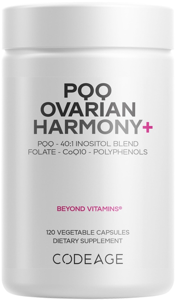 Supplément de code PQQ Harmony+ ovarienne - PQQ (Pyrroloquinoline Quinone), Myo-Inositol et D-Chiro-Inositol 40:1 Mélange, Folate 5-MTHF, CoQ10, Blueberry sauvage - Livraison liposomique - Non-OGM - 120 capsules