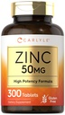 Carlyle Zinc 50mg | 300 Tabletten | Vegetarisch, Non-GMO, und glutenfreie Ergänzung | Zink Gluconate | Hohe Potenz Formel