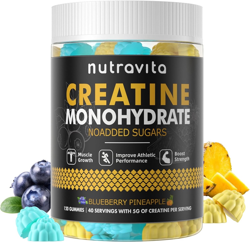Nutravita Creatine Monohydrate Gummi für Männer & Frauen-5g Creatine Monohydrate pro Servieren - Sugar Free,Vegan,Blueberry Ananas Flavor, 120 Count