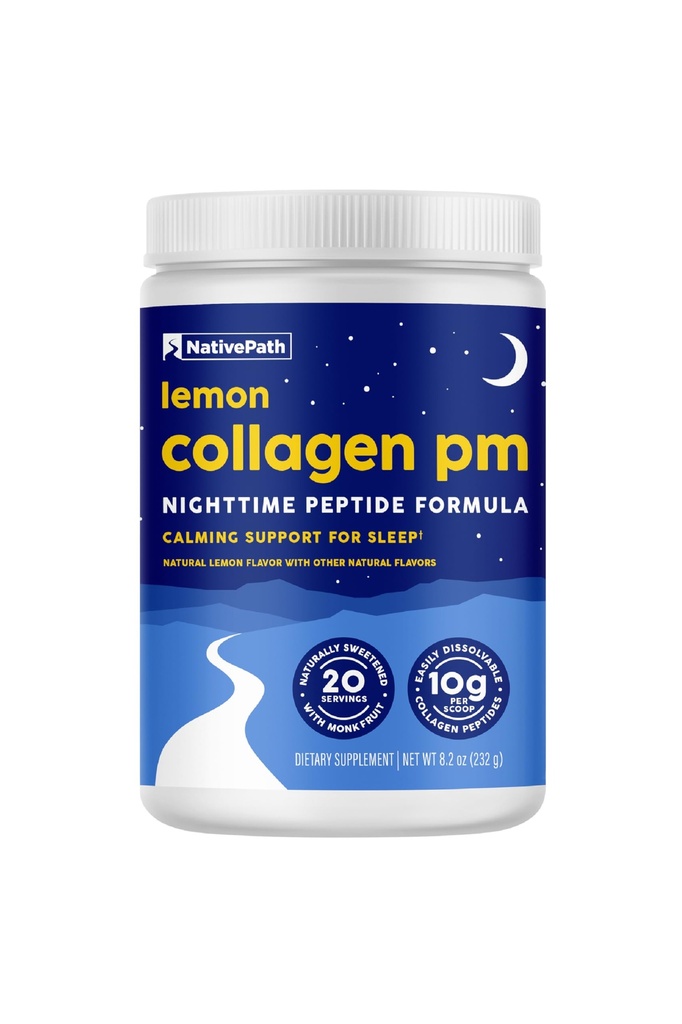 NativePath Collagen PM - Lemon Nighttime Collagen Peptides Pulver mit Magnesium, GABA, L-Theanin und Melatonin - 20 Servierungen