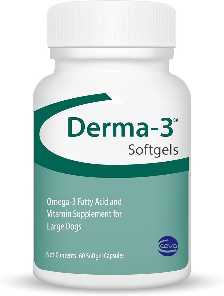 Ceva Derma-3 Softgels, Omega-3-Fettsäure und Vitamin-Ergänzung für große Hunde (60 Count)
