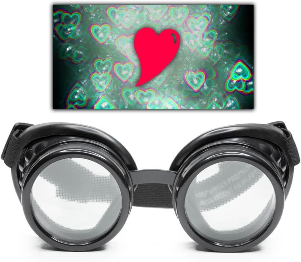 GloFX Black Heart Effect Diffraction Goggles - See Hearts - 3D Holographic Visuals Edm Rave Outfit Steampunk Kostüm Cosplay Music Festival Essential