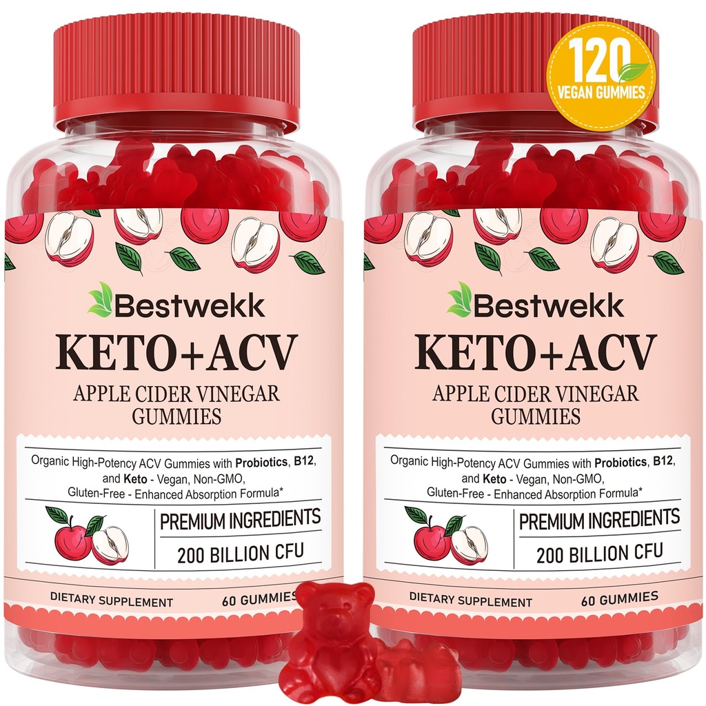 Gummy de vinaigre de cidre de pomme, Max Strength 2000mg Gummy de vinaigre de cidre de pomme avec probiotiques, soutien B12 et kéto, pour la digestion, le métabolisme, la désintoxication, la santé Gut & Immune, sans gélatine, sans OGM, 120 gummies d'acv kéto