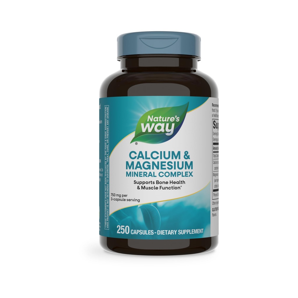 Nature's Way Calcium & Magnésium Mineral Complex, soutient la santé osseuse et la fonction musculaire,* 750 mg par service à 3 capsules, 250 capsules (paquetage May Vary)
