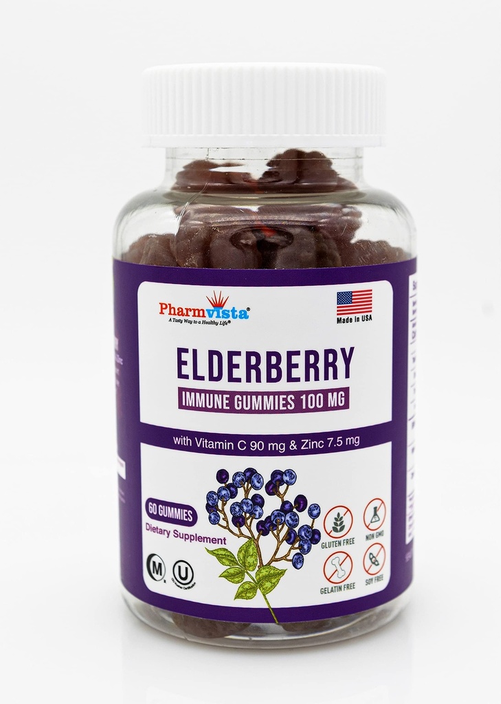 Gommies de baies âgées 100mg avec vitamine C et zinc - Soutien immunitaire, Gommies sans gluten avec 7% d'anthocyanine - 60 Compte