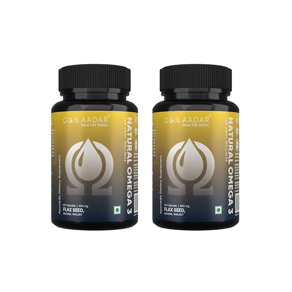 AADAR Natural Omega 3 Vegane Fettsäuren und Immunität Ergänzung für Männer und Frauen |Flaxseed Arjuna Walnut No Fish Oil | 60 Kapseln(Pack von 2)