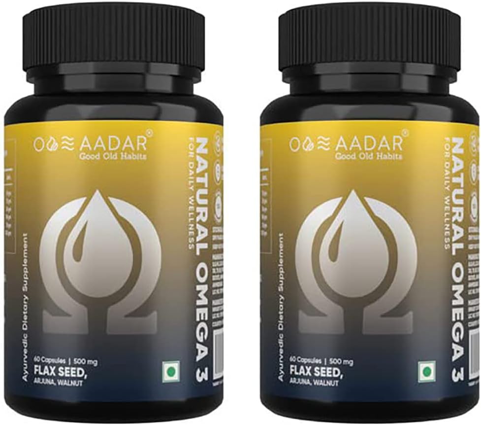 AADAR Natural Omega 3 Vegane Fettsäuren und Immunität Ergänzung für Männer und Frauen |Flaxseed Arjuna Walnut No Fish Oil | 60 Kapseln(Pack von 2)