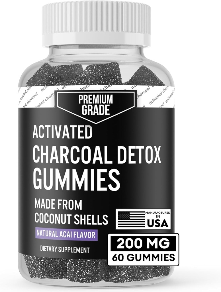 Premium Grad aktivierte Charcoal Gummi - Kokosnuss-Kohle-Ergänzungen für Detox-Unterstützung, Mundgesundheit, Stomach & Digestion - Safe für Kinder - No Bloat Vegan Gummy - Natural Acai Flavor (60 Count)