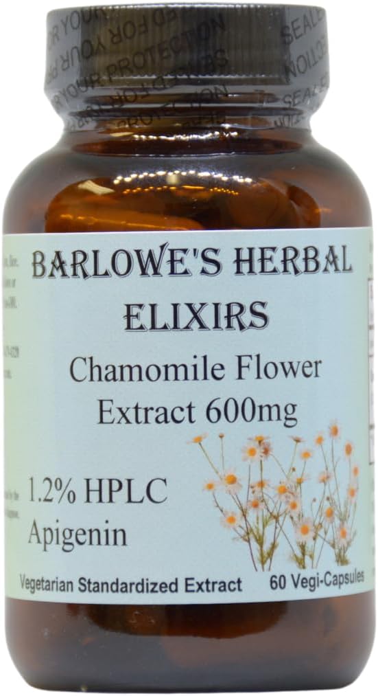 Barlowe's Herbal Elixirs Camomile Flower Extract (Extrait de la fleur de camomille) Allemand Supplément de camomille (Matricaria Chamomilla) 1,2% Apigenin (600 mg par capsule) 60 Vegi Capsules (Stéarate Free) Bouteille en verre