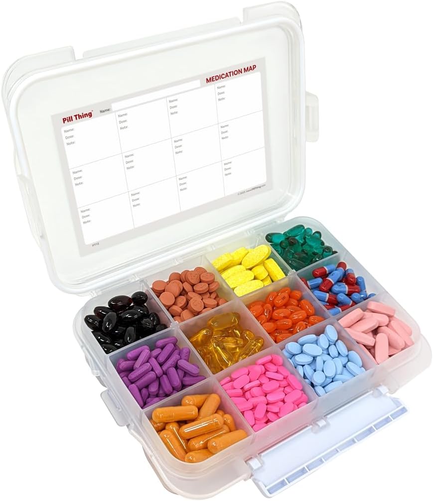 12 Compartment Große Pille Gehäuse mit luftdichter Dichtung - Silikondichtung wasserdichte Med Box mit Medikamentenkarte (12 Compartment, 1 Pack)