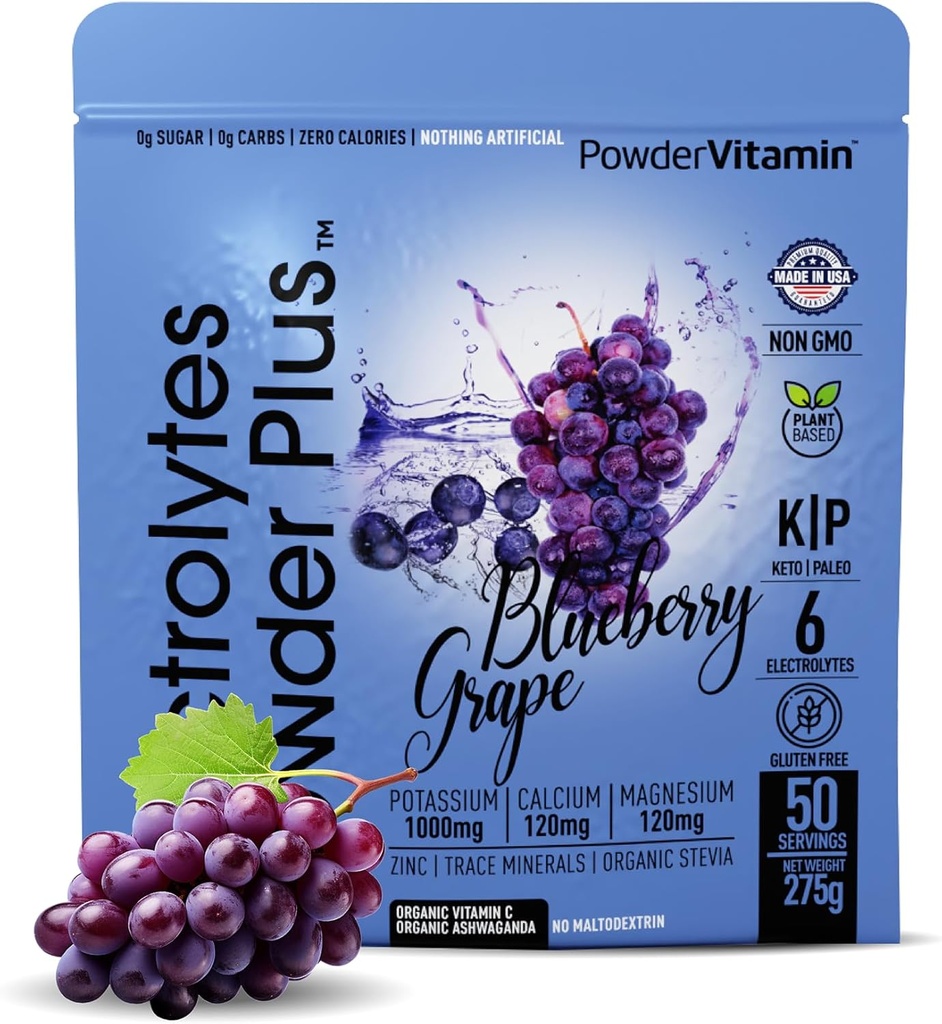 Poudre d'électrolytes Plus (50 portions), 0 Calorie Keto, 0 Sucre, Pas de maltodextrine,1000mg Potassium,120mg Calcium,120mg Magnésium, Poudre d'hydratation (50 portions, Raisin de bleuet)