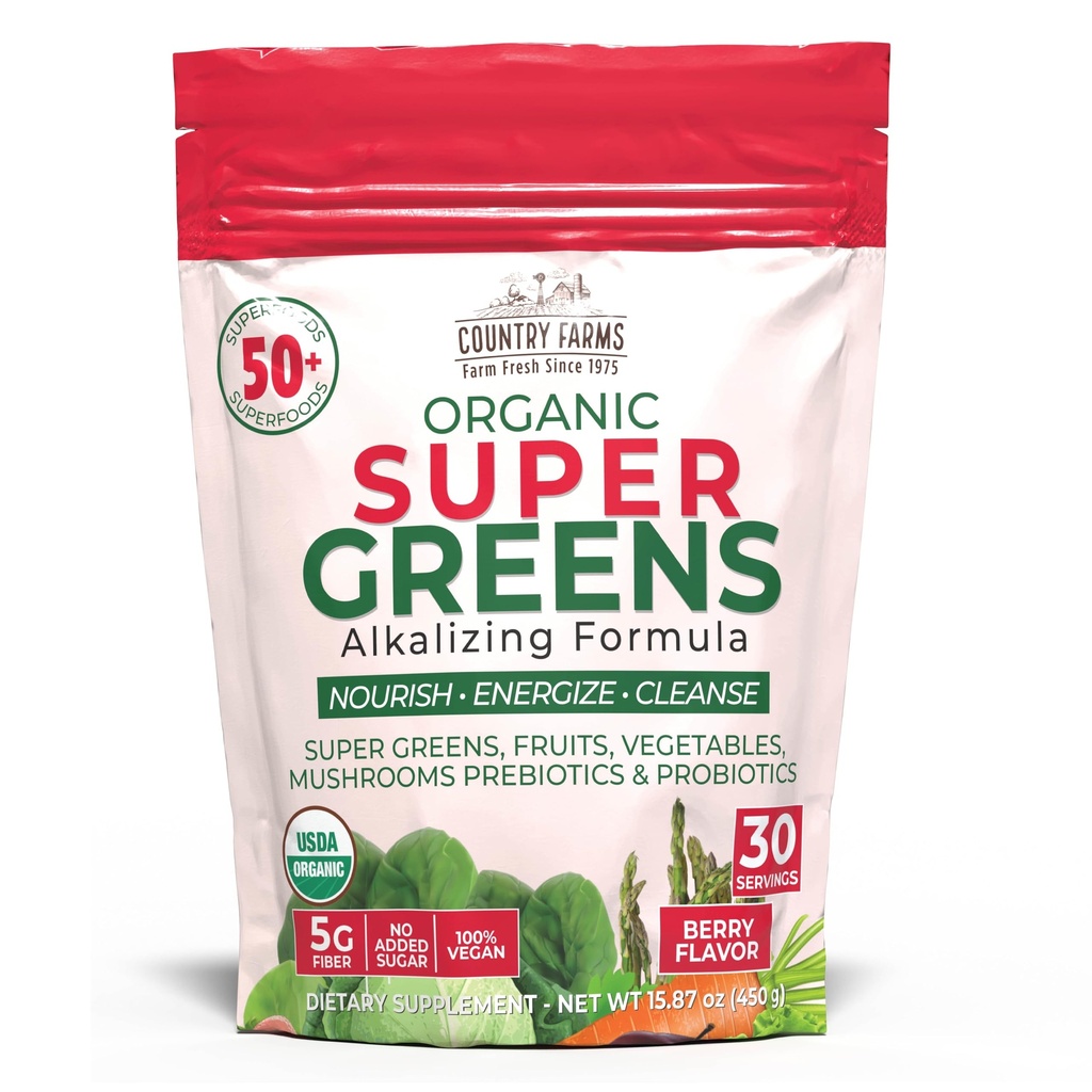 Country Farms Super Greens Berry Flavor, 50 Bio Super Foods, USDA Organic Drink Mix (Wheat Grass, Spirulina, Chlorella) Pilze & Probiotika, mit Fiber, Gut Health, Natural Energy, 30 Portionen