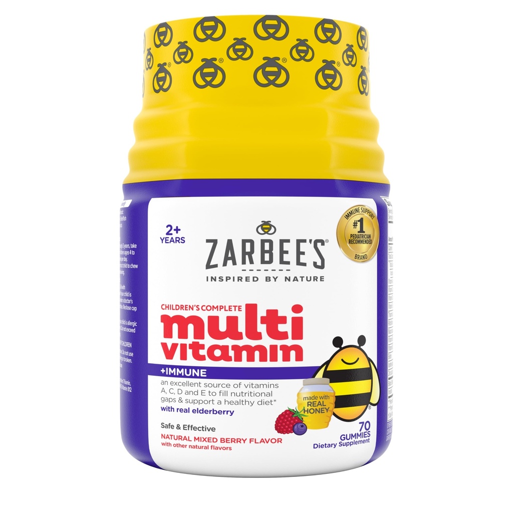 Garnitures multivitamines complètes pour enfants + soutien immunitaire, parfum de baies, sucré au miel, sans gluten et sans gélatine, vitamines A, C, D3, E, B6, B12, acide folique et complexe B, 70 Compte