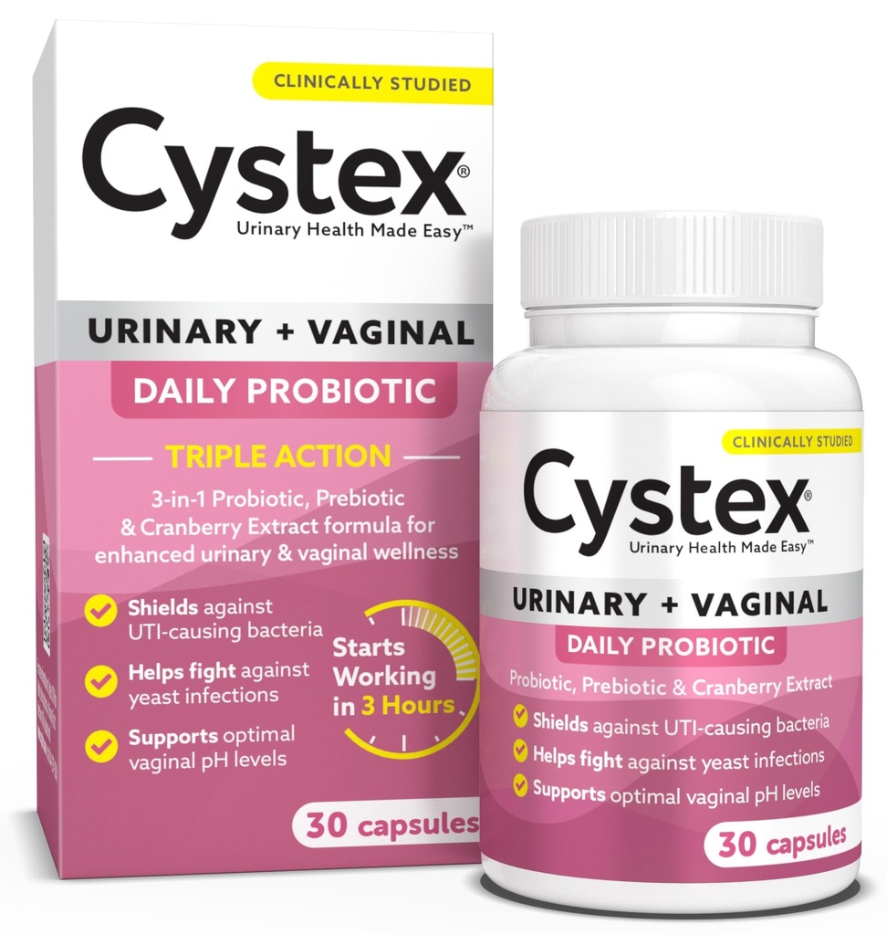 Cystex 3-in-1 Urinary Tract Probiotic for Women - Schnell-Acting UTI & Hefe Infection Support mit Prebiotics, Probiotics, & Cranberry - Unterstützt Vaginal pH & Flora Balance - 30 Kapseln