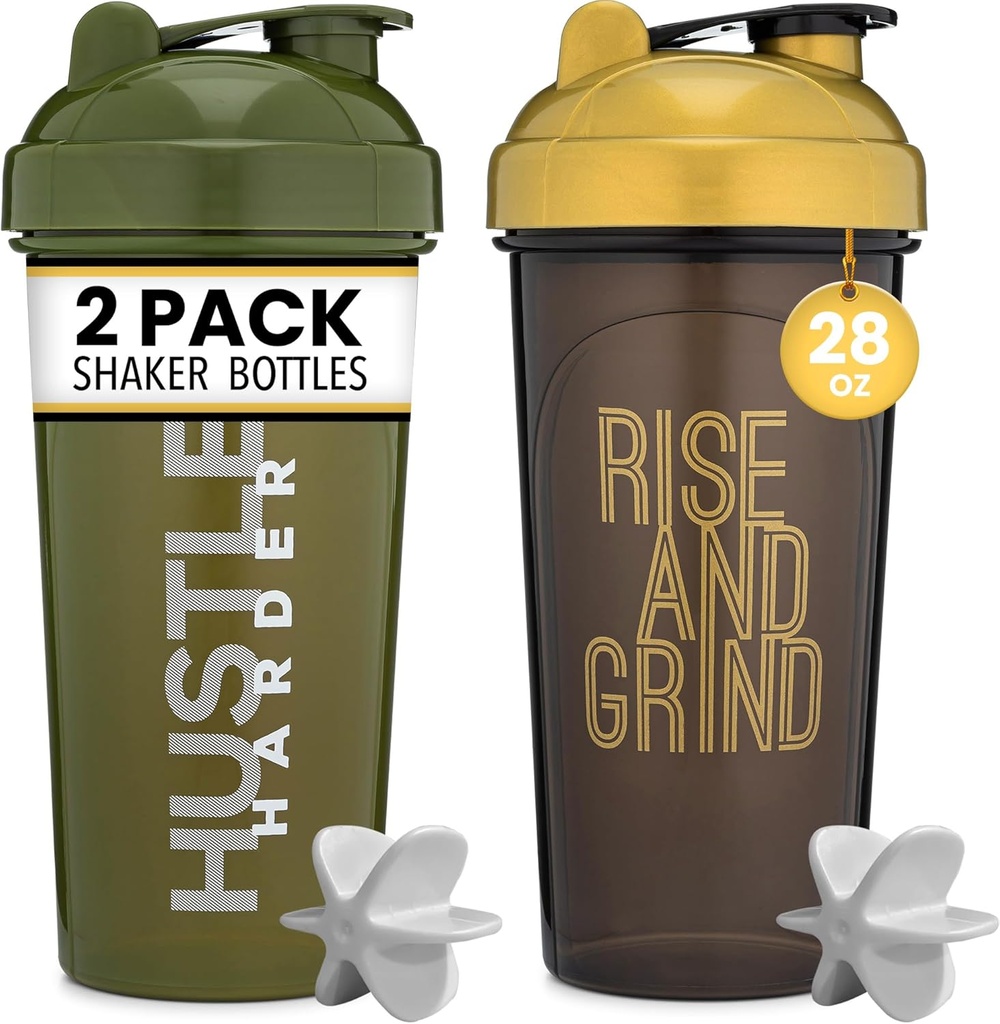 [2 Pack] Bouteille Shaker de 28 oz avec citations motivatives (Black/Gold & Moss)