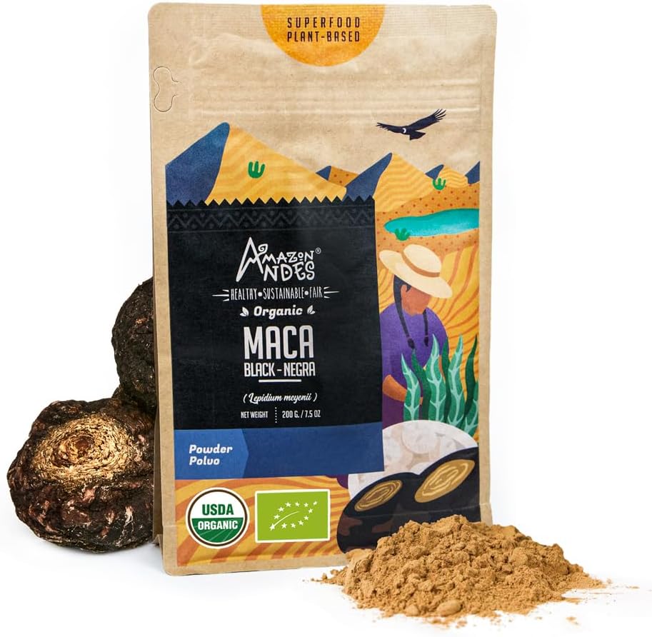 Andes Black Maca Root Powder (Lepidium meyenii) - enthält Kohlenhydrate & Mineralien - Adaptogen Superfood & Health Promoter - Gelatinisiert, Vegan, Non-GMO & Allegen-frei - 7 Unze (40 Servierungen)