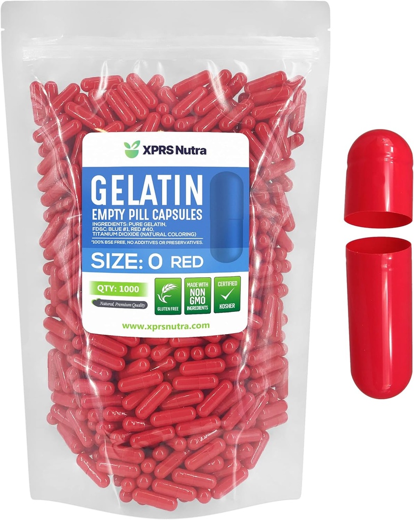 XPRS Nutra Größe 0 Leere Kapseln - 1000 Graf Leere Gelatine Kapseln - Pillen DIY Kapsel Füllung - Pure Bovine Pill Gel Kapseln für Do-It-Yourself Ergänzungen (Red)