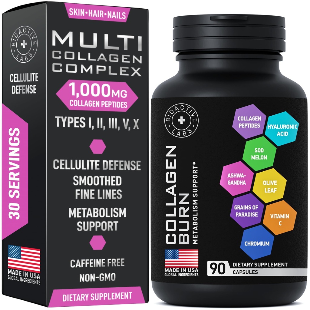Thermogenic Multi Collagen Burn Capsules - Advanced Type I, II, III, V, X Hydrolysed Collagen Peptides Plus Hyaluronsäure - Metabolismus, Cellulite, Haut, Haar, Nails Support - 90 Collagenic Burn Caps