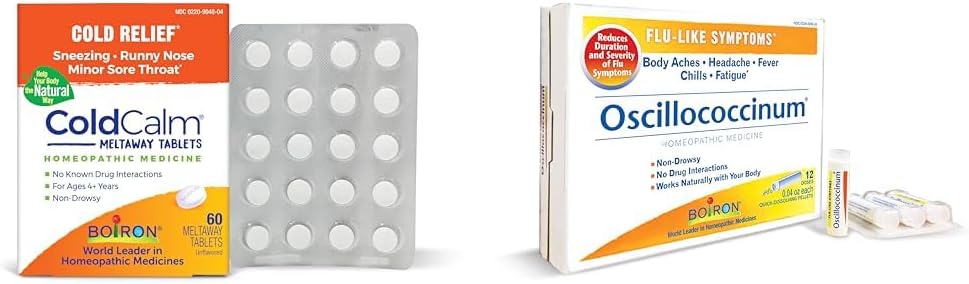 Comprimés Boiron ColdCalm pour soulager les symptômes fréquents du rhume tels que l'éternuement et l'oscillocicine pour soulager les symptômes comme la grippe des douleurs corporelles, des maux de tête, de la fièvre, des frissons et de la fatigue - 12 Compte