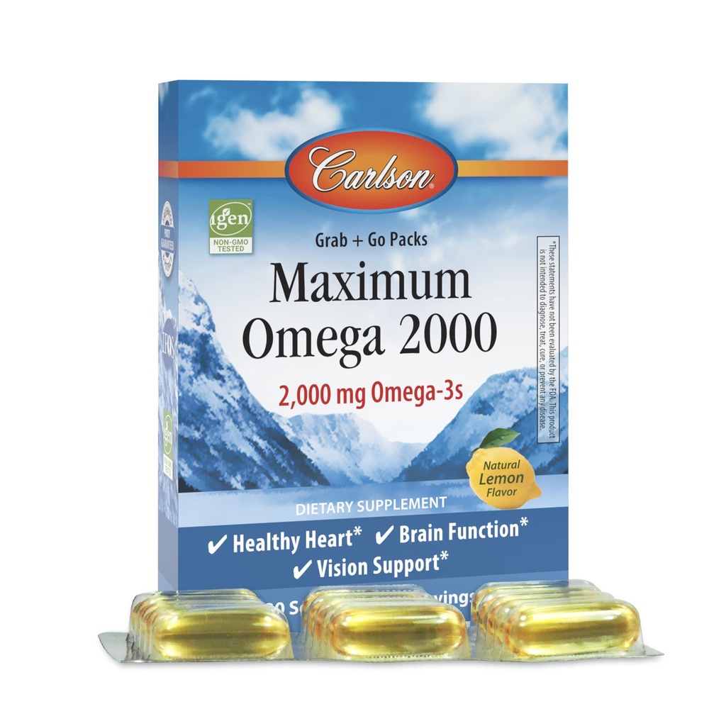 Carlson - Maximum Omega 2000 Grab + Go Packs, 2000 mg Omega-3s, Wild-Caught, Norwegian Fish Oil Supplement, Sustainable Sourced Fish Oil Capsules, Lemon, 30 Softgel Pack