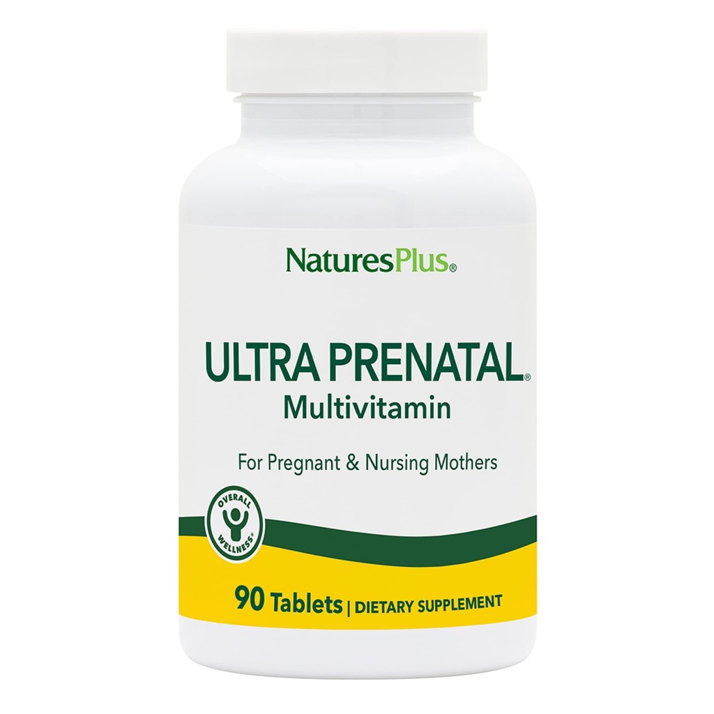 NaturesPlus Ultra Prenatal Multivitamin - 800 mcg Folate, 90 Vegetarische Tabletten - Pränatale Ergänzung mit Eisen, Jod, Calcium & B-Komplexe Vitamine - Glutenfrei - 45 Servierungen