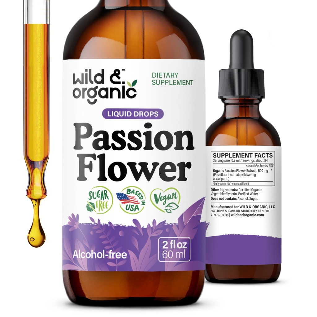 Wild & Organic Passionflower Tincture - Relaxing Passion Flower Drops für Damen - Liquid Passiflora Incarnata Kräuter - Vegan, Zucker & Alkoholfreie Extraktergänzung - 2 oz