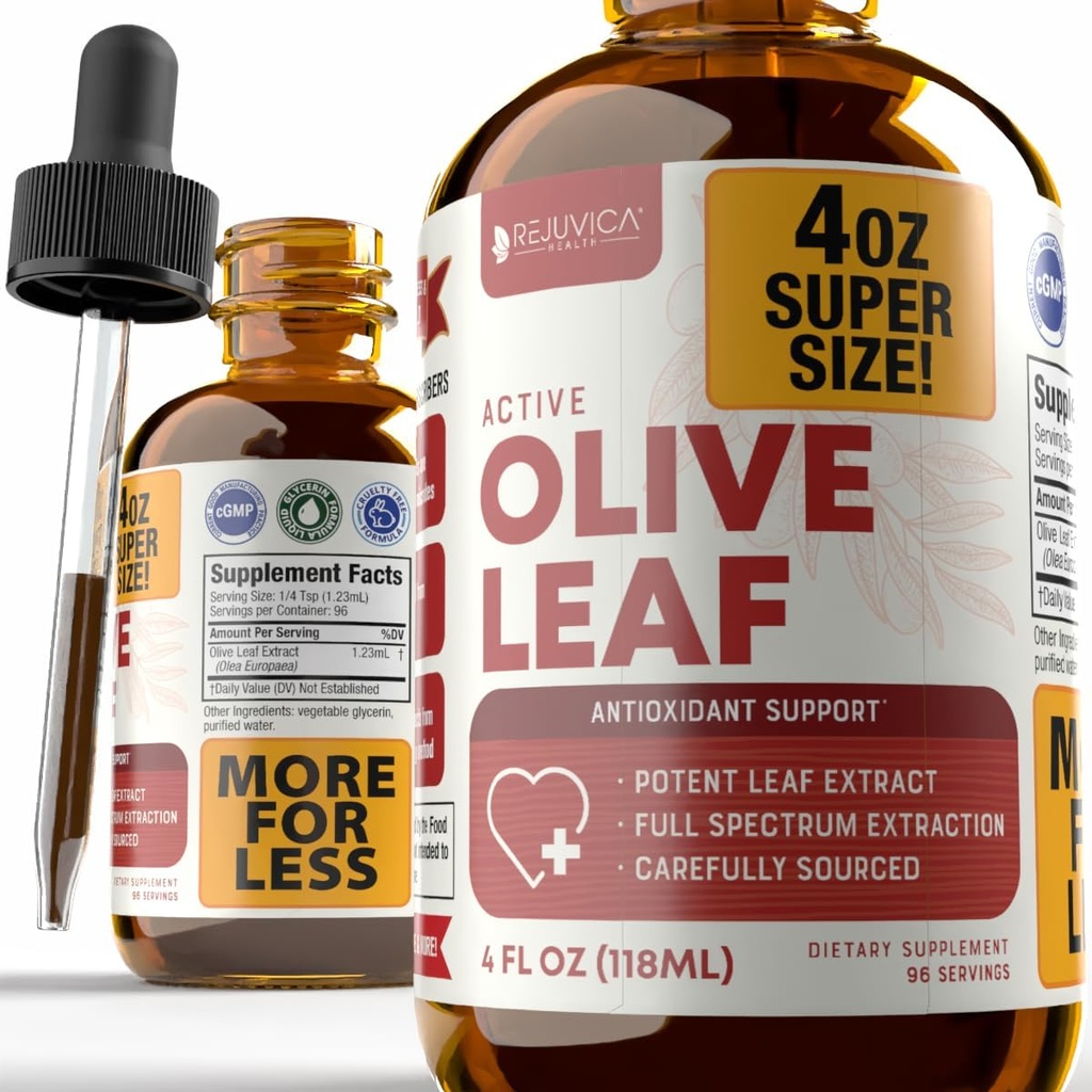 Rejuvica Health Active Olive Leaf 4oz XL Super Size Tincture - Advanced Olive Leaf Liquid Extract - Natural Occurring Oleuropein - Immune & Heart Support Drops