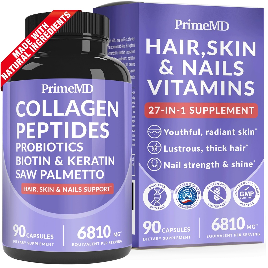 27-in-1 Haar Haut und Nägel Vitamine (6810mg) mit Biotin 10000mcg - Collagen Ergänzungen für Männer und Frauen - Keratin Ergänzungen mit Probiotika und Saw Palmetto, 90ct